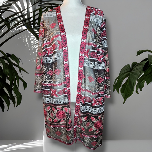 Catherine's 1X Tribal Art-to-Wear Mesh Open Lace Embroidered Boho Duster - Picture 4 of 11